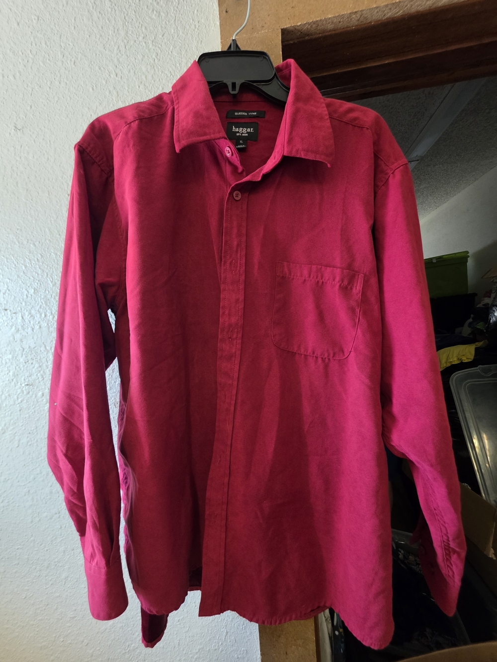 haggar Men's Long-Sleeve Button-Up Shirt in Deep Red. Size XL